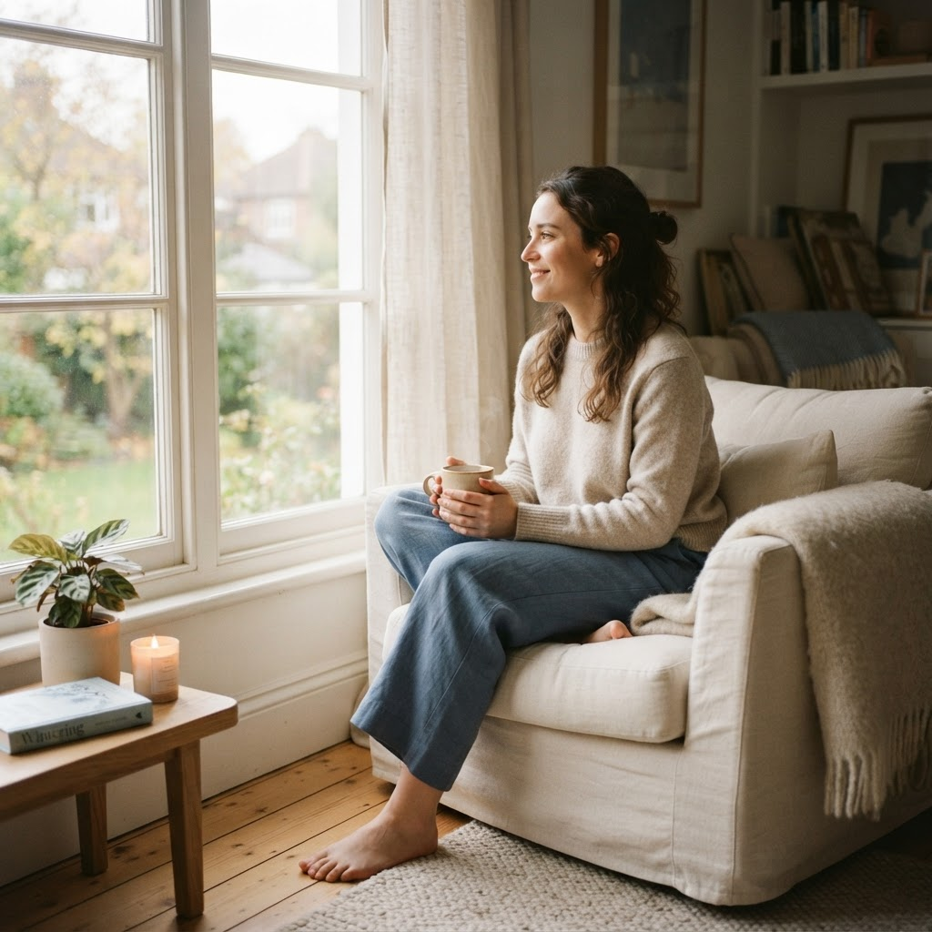 A person sitting calmly by a sunlit window with a warm drink, phone nowhere in sight